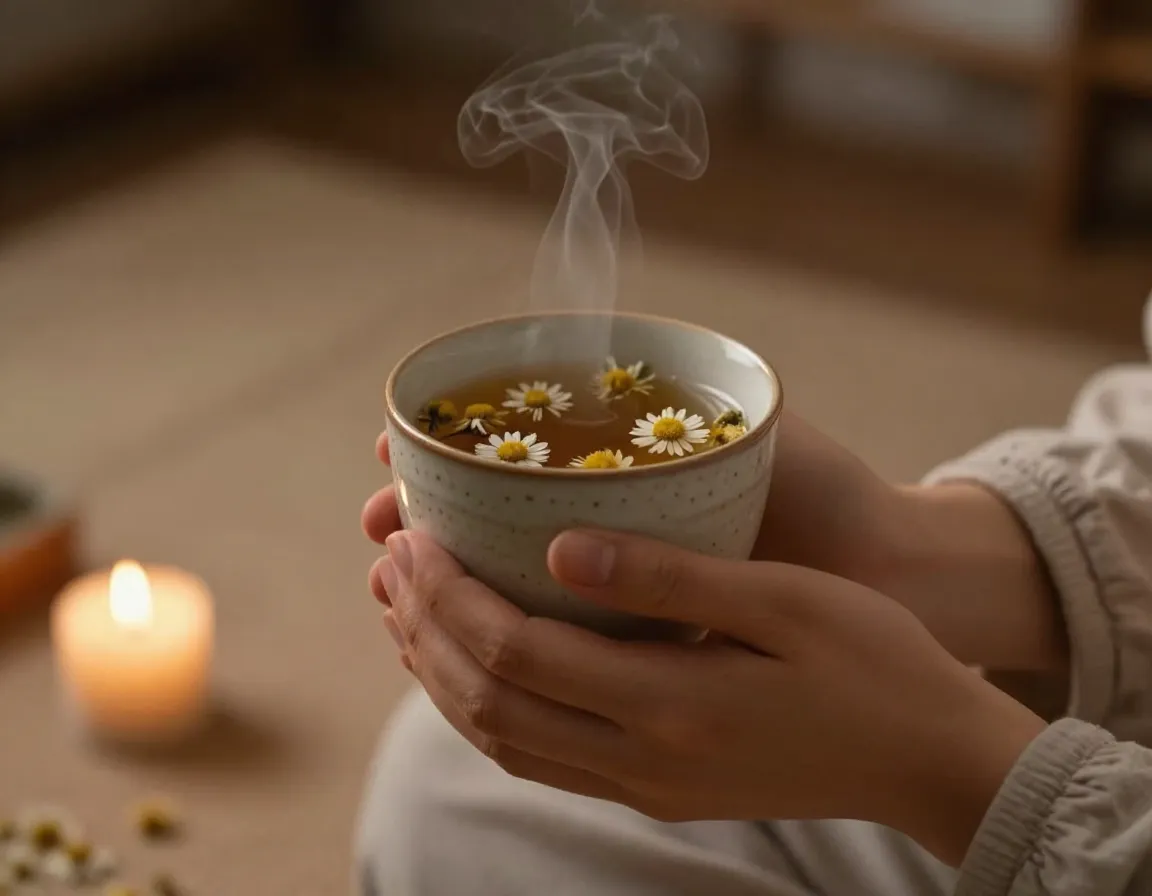 Person sipping chamomile tea while meditating to relieve stress