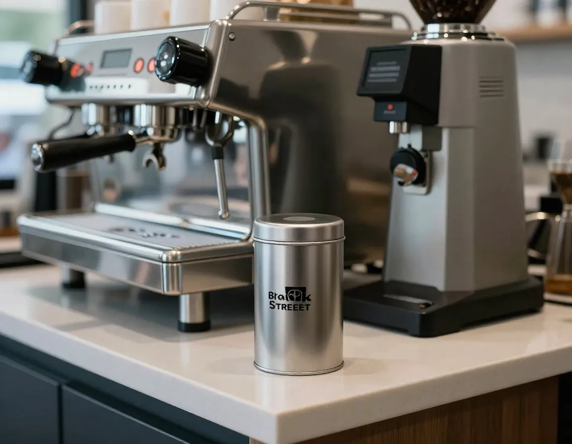 Professional matcha tin next to a commercial espresso machine in a café