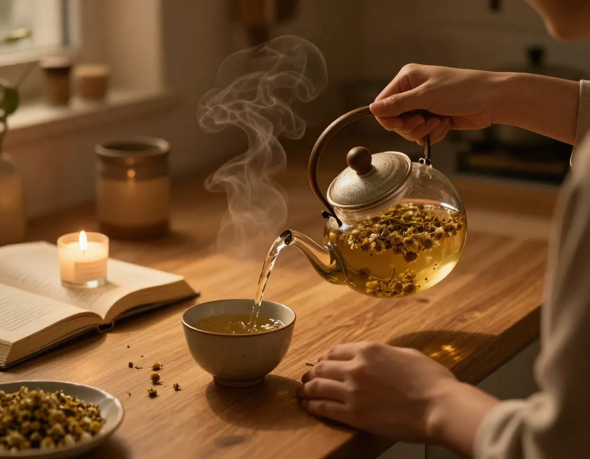 Evening ritual of preparing chamomile tea in a quiet cozy kitchen