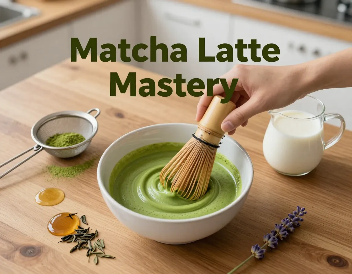 Aerial matcha paste bamboo whisk milk lavender honey