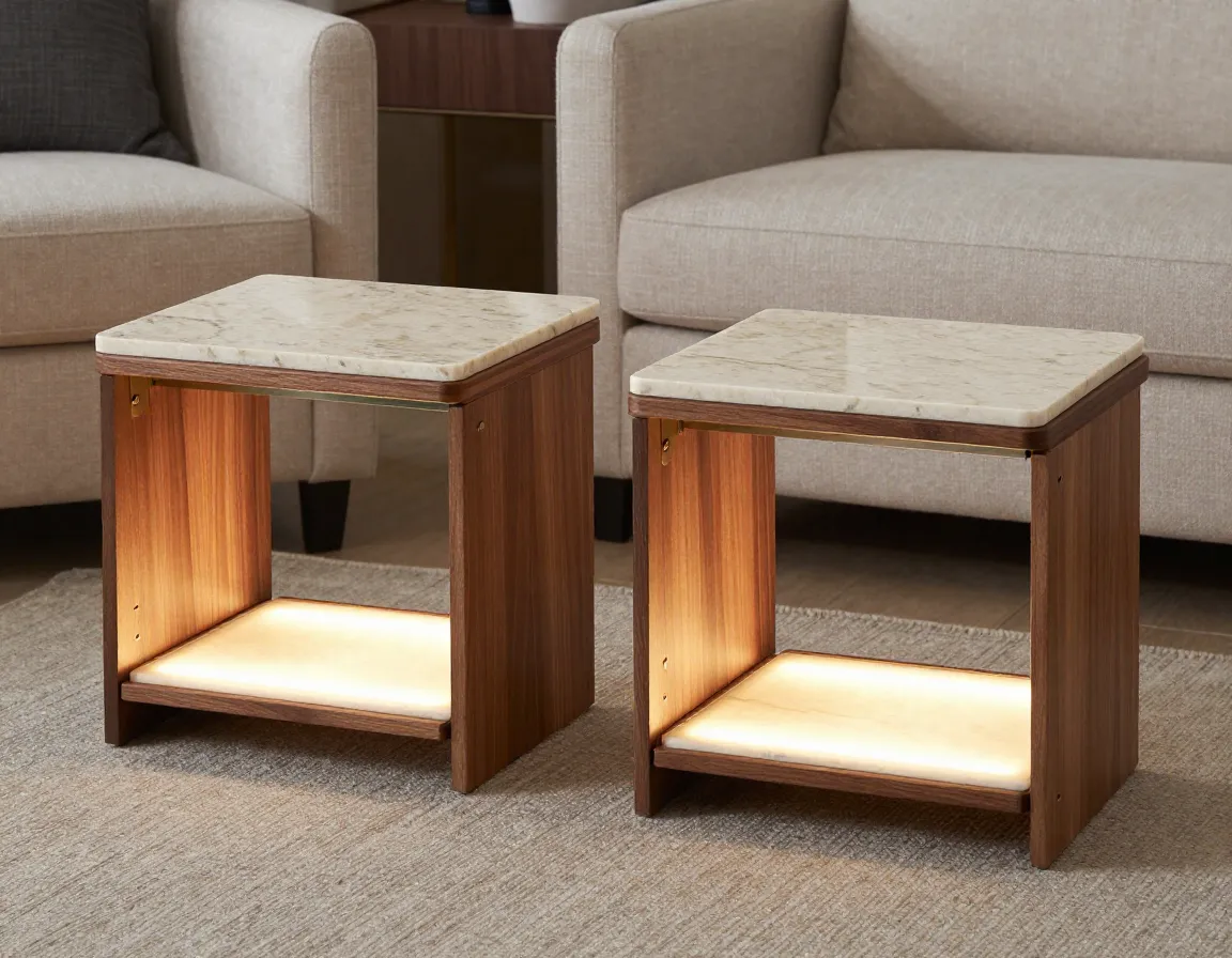 The mixed material end table duo with walnut frame travertine top and led lighting