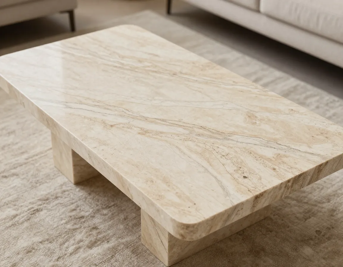 The travertine statement coffee table with unique veining on a light rug