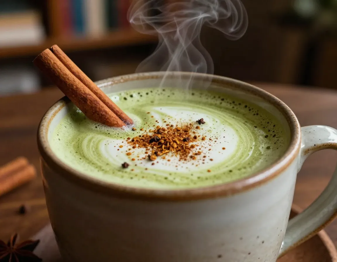 Matcha chai fusion latte with whole milk and aromatic spices