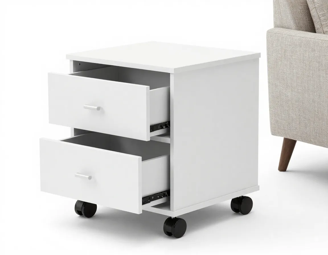 The modular storage end table with soft close drawers and locking wheels