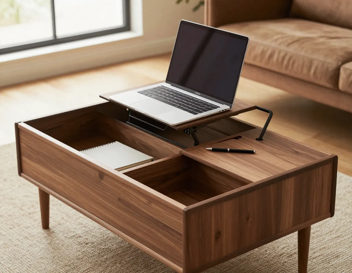 West elm mid century pop up storage coffee table as workspace