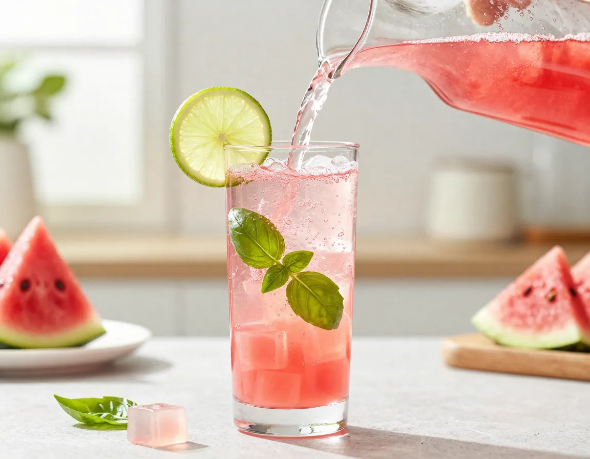 Sparkling watermelon basil summer tea with fruit jelly cubes