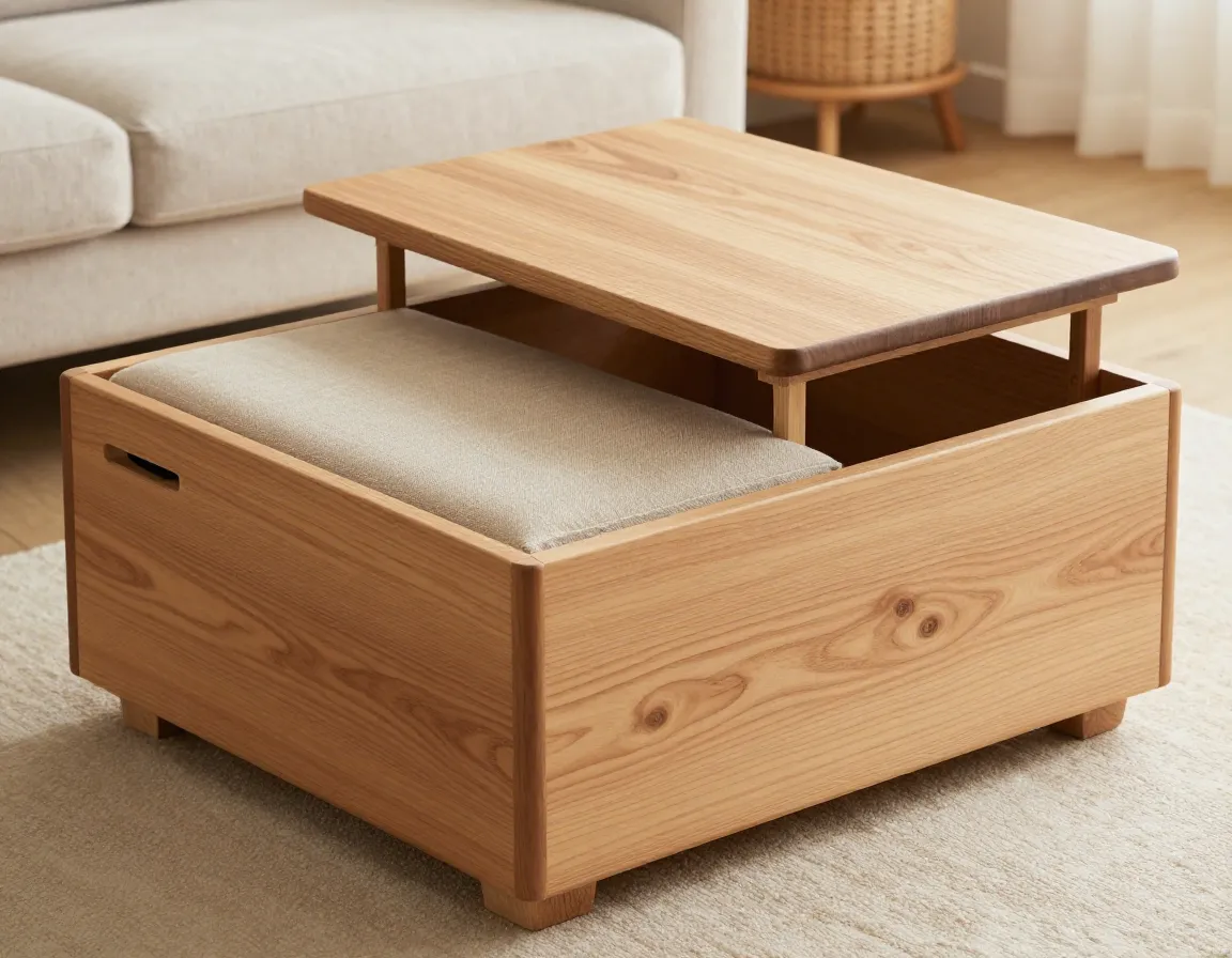 Sustainable mango wood storage ottoman table with removable top