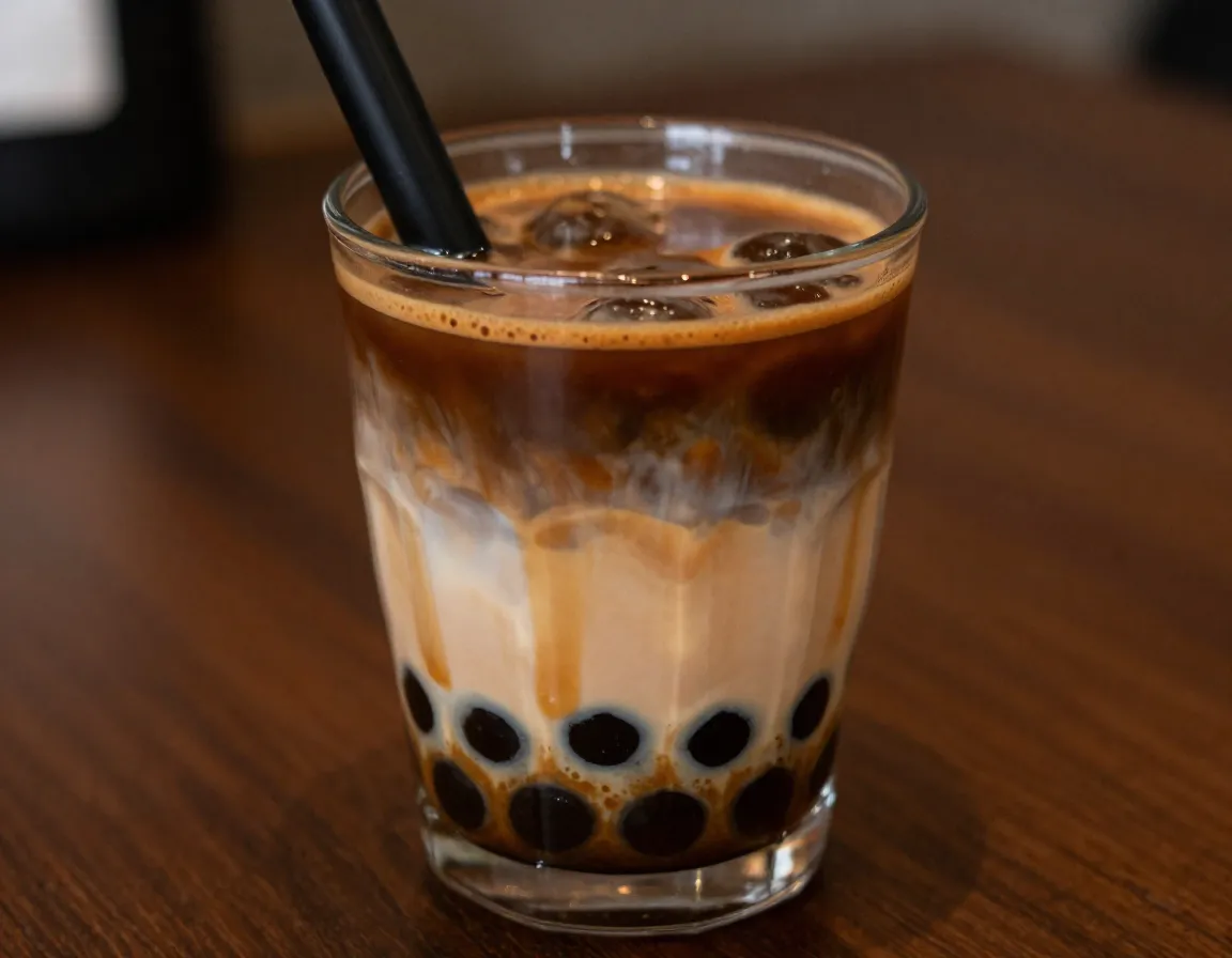 Rich brown sugar espresso bubble tea with tapioca pearls