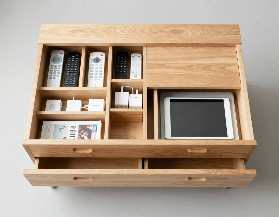 Scandinavian inspired drawer coffee table with organized compartments