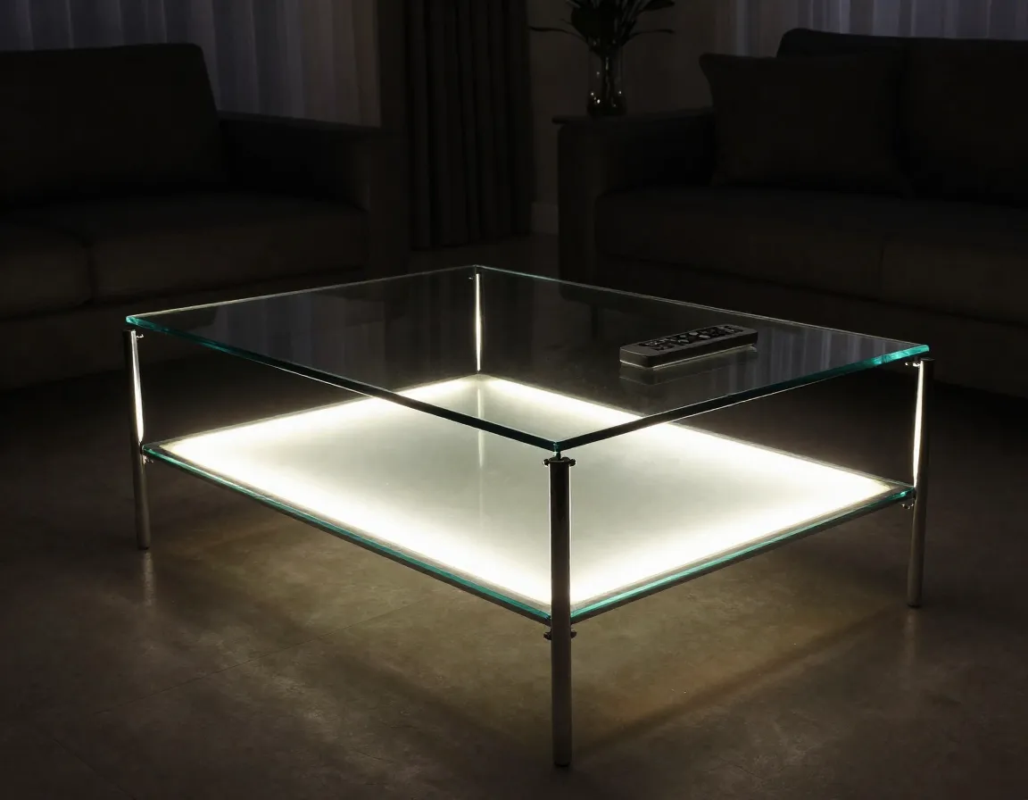 Glass and chrome coffee table with led lighting in dark room