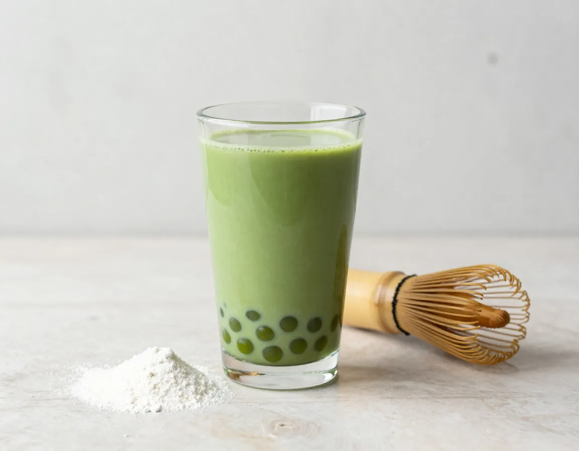 Vibrant green matcha collagen protein tea with matcha pearls