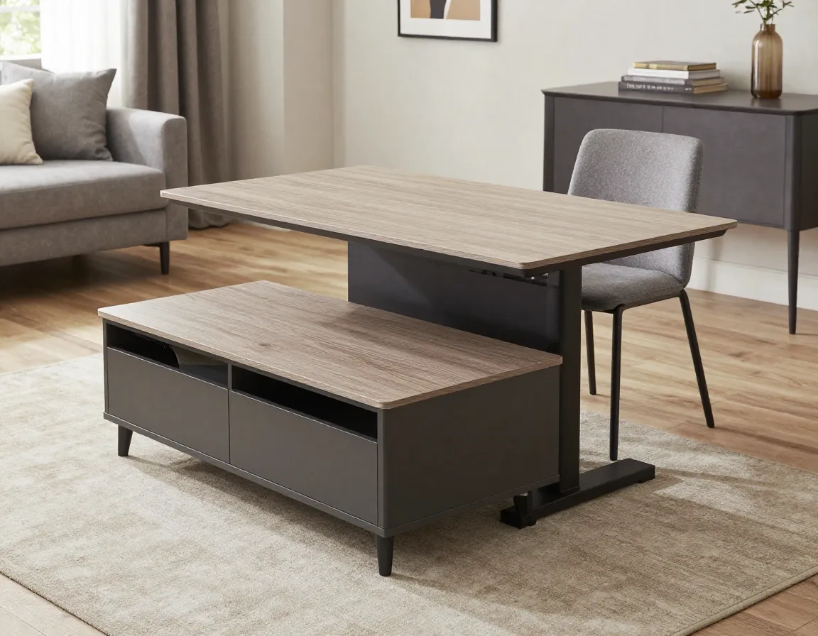 Convertible storage coffee table at dining height in studio apartment