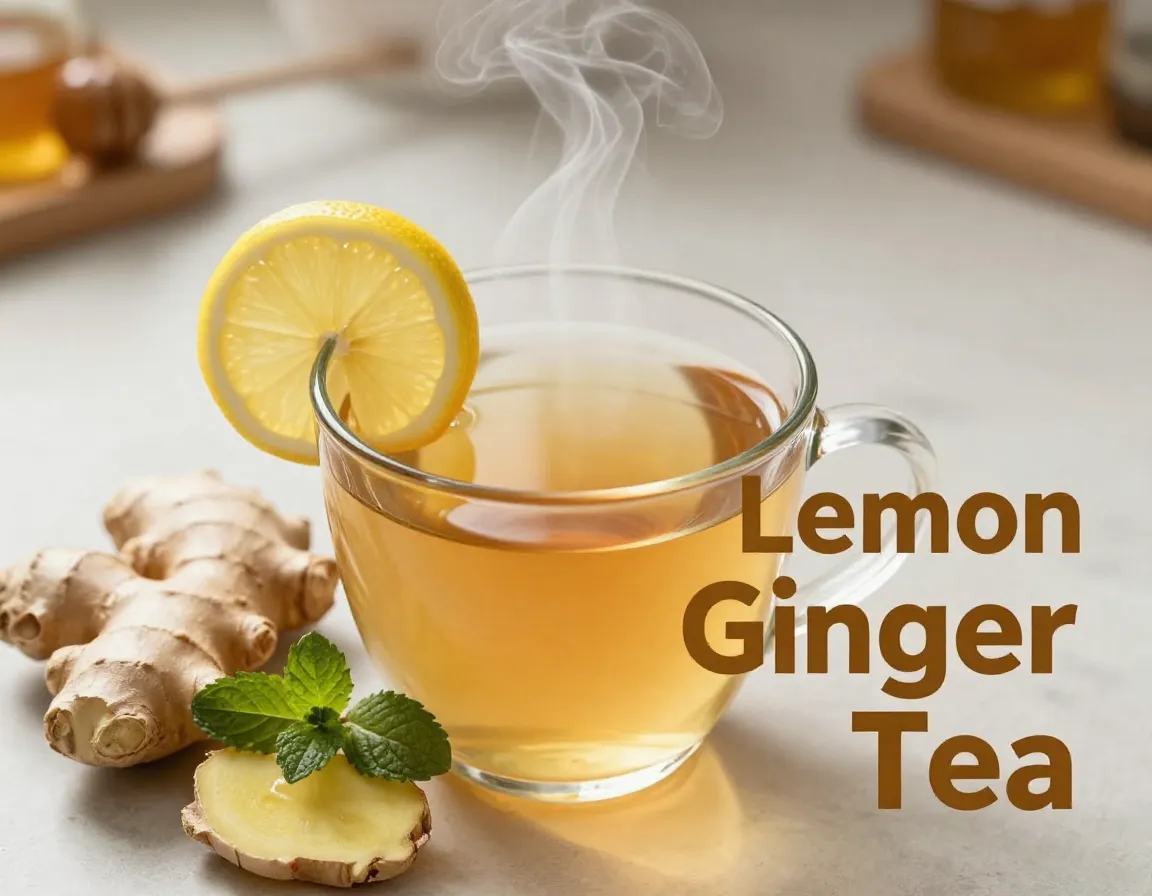 Golden tea mug fresh ginger lemon slice steam rising