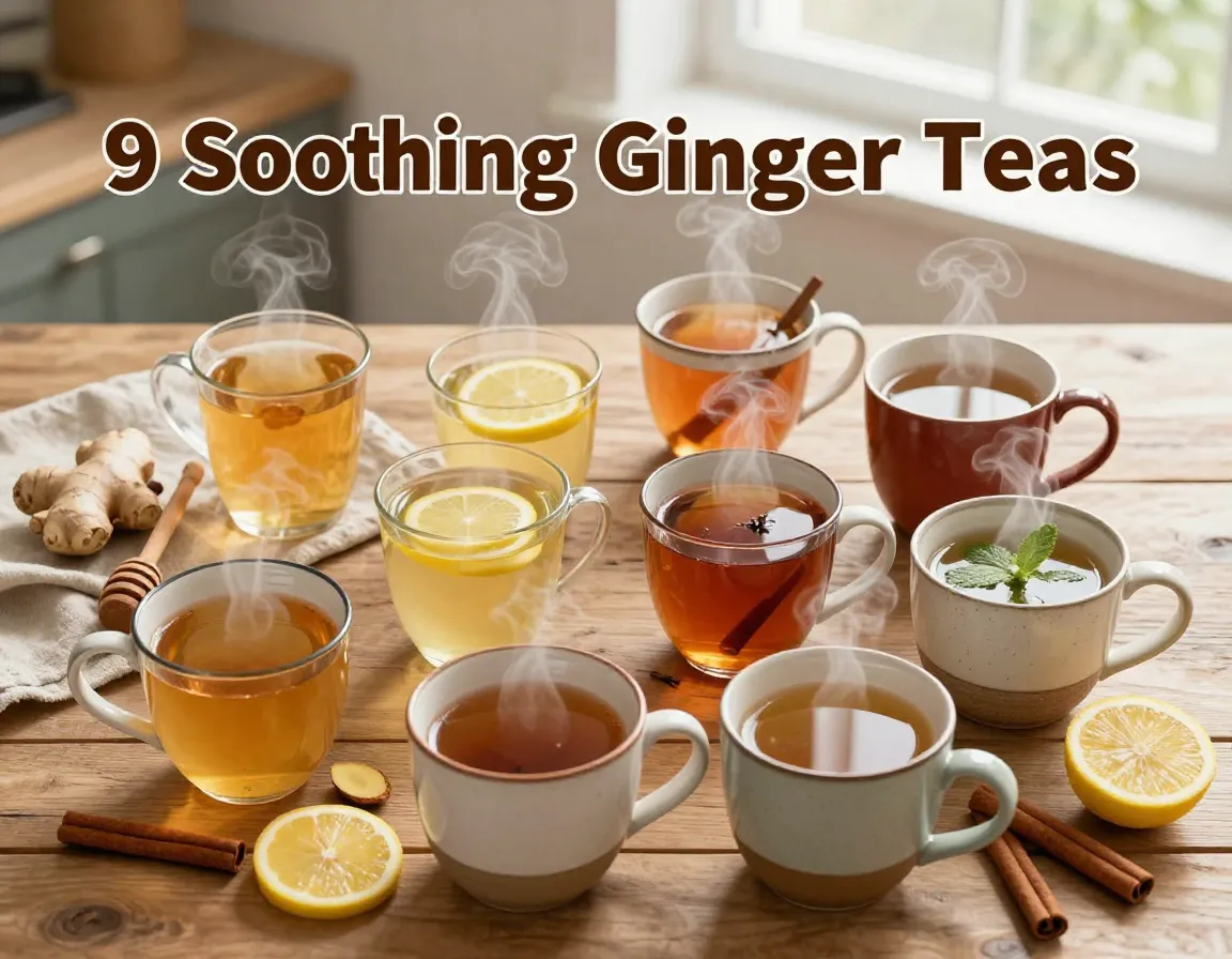 Nine steaming ginger tea mugs winter comfort wellness grid