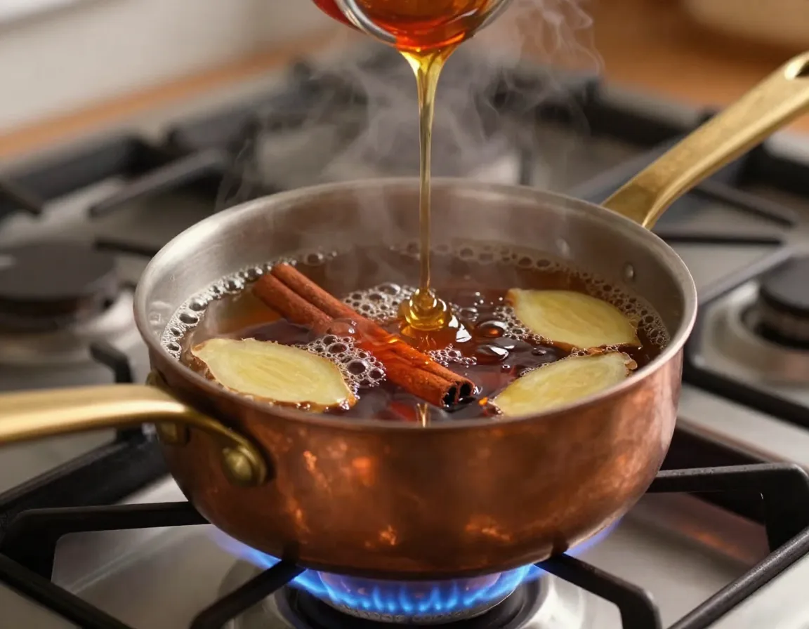 Spiced ginger cinnamon tea simmering with maple syrup
