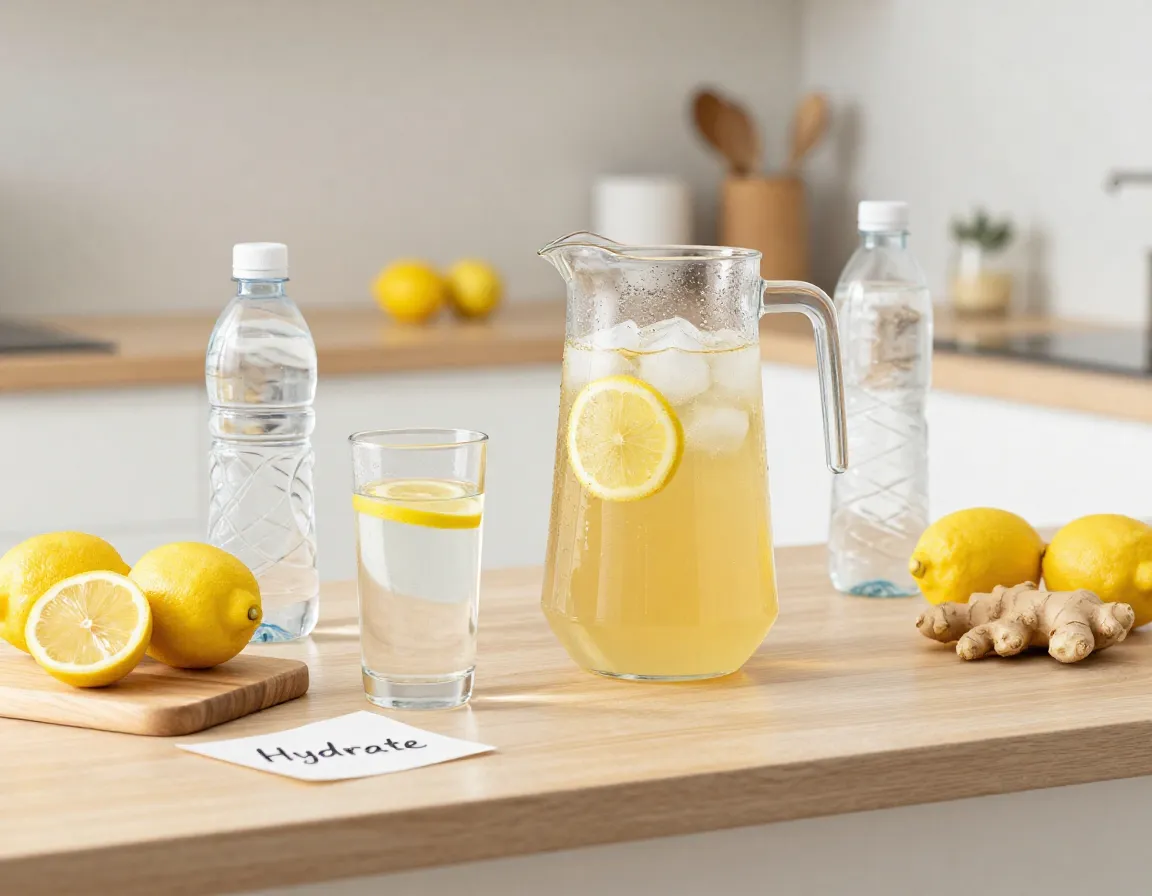 Hydration support with lemon ginger tea pitcher and glass of water