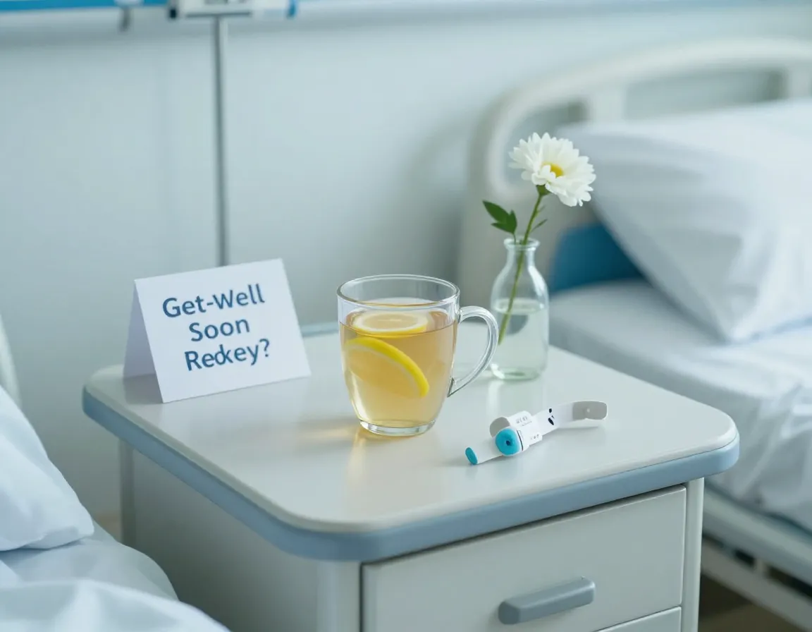 Lemon ginger tea and recovery items on a hospital bedside table