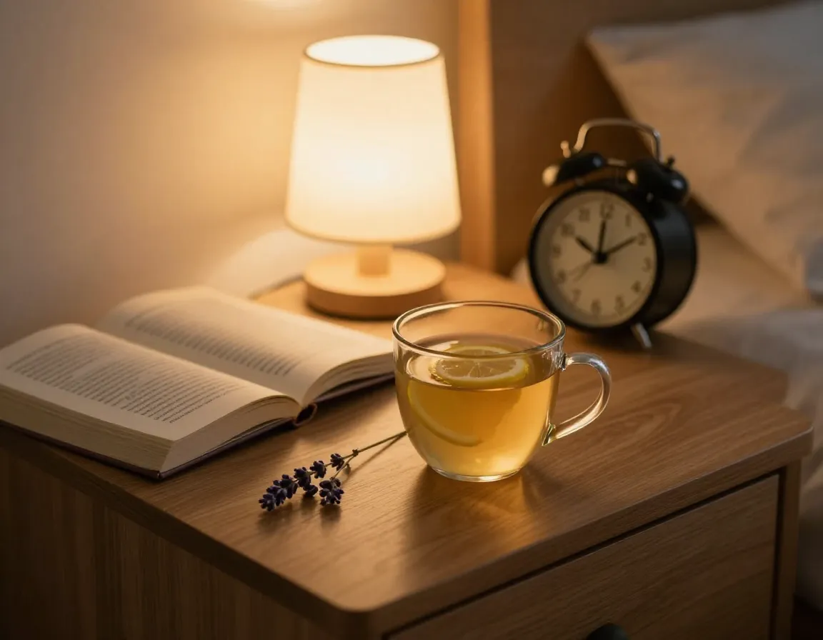 Soothing bedtime ritual with lemon ginger tea and a book on nightstand