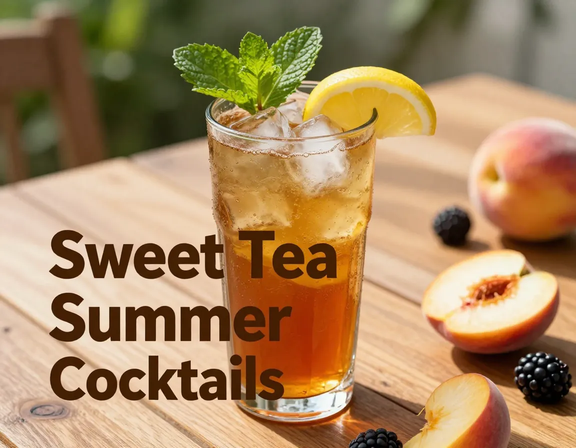 Frosty sweet tea vodka cocktail with fresh fruit mint summer table