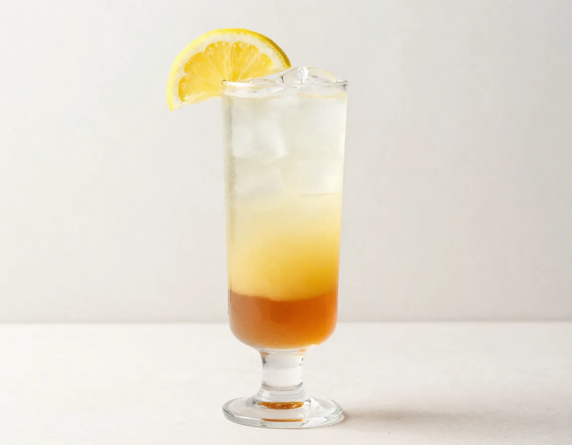 Tall layered spiked arnold palmer cocktail with lemon wheel