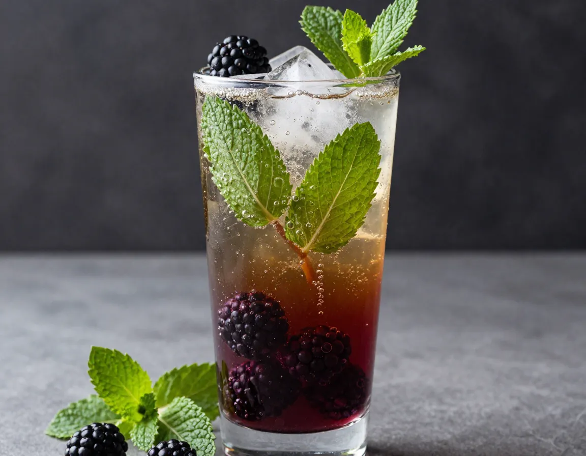 Blackberry mint sweet tea cooler in a highball glass with soda