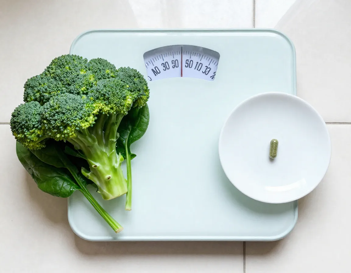 Supports modest but meaningful weight management scale balanced with healthy food and capsule