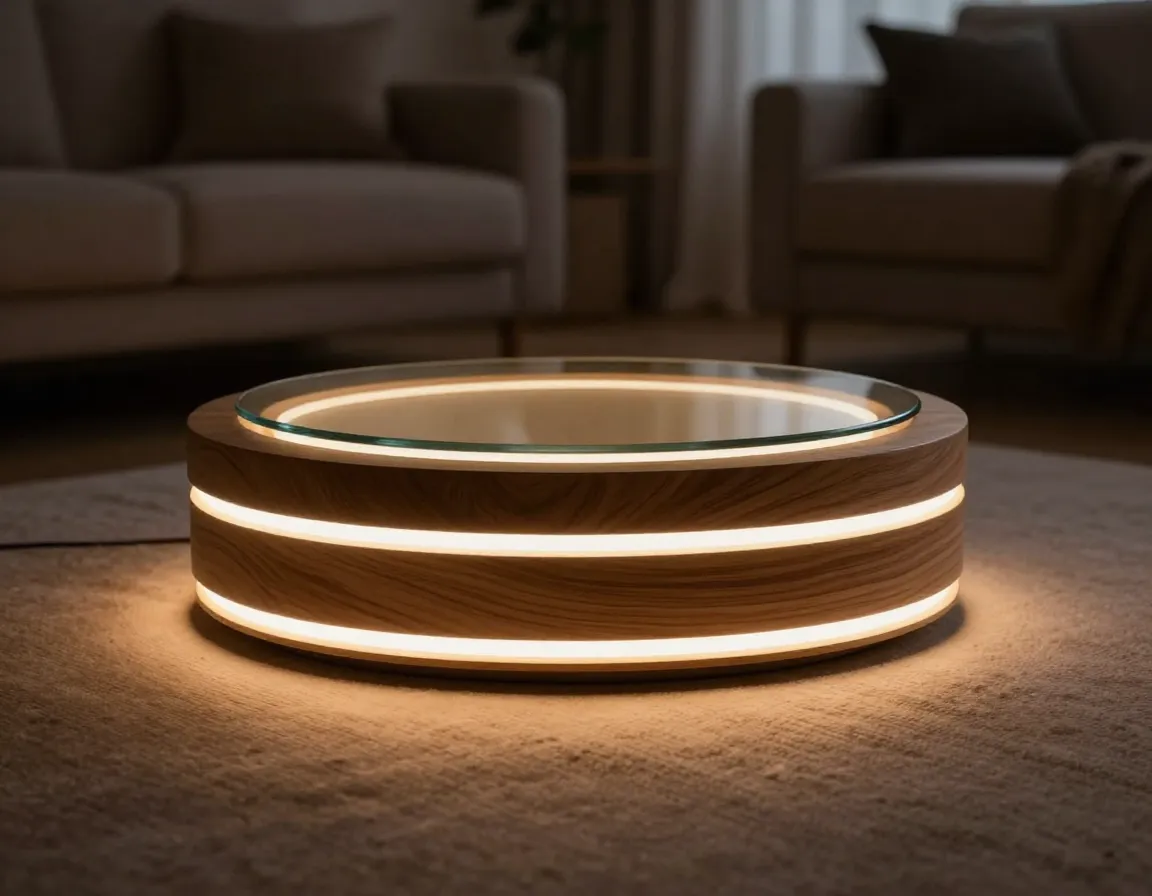 Round ash wood base with integrated warm white led accent lighting
