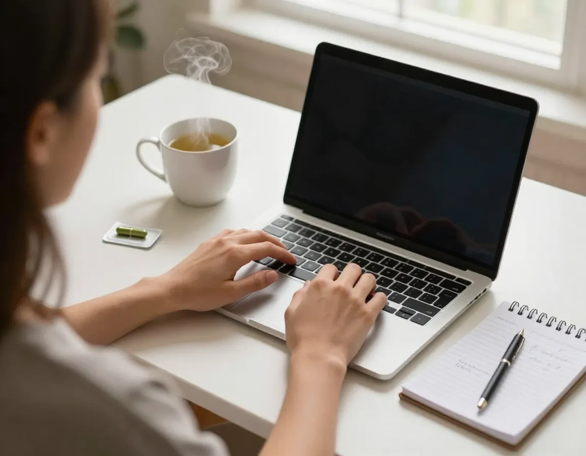 Enhances mental clarity and focused mind with green tea capsule and laptop