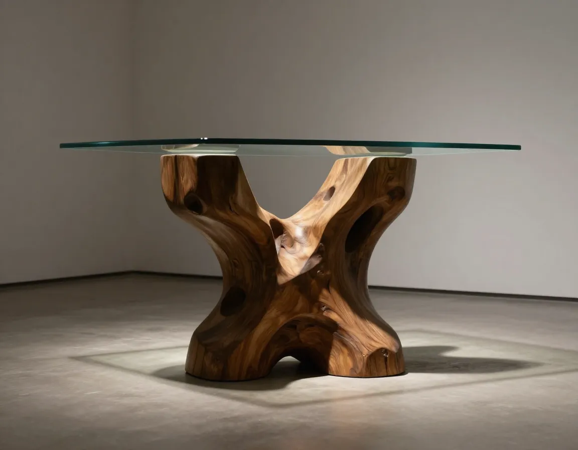 Sculptural carved solid wood base art piece floating glass top