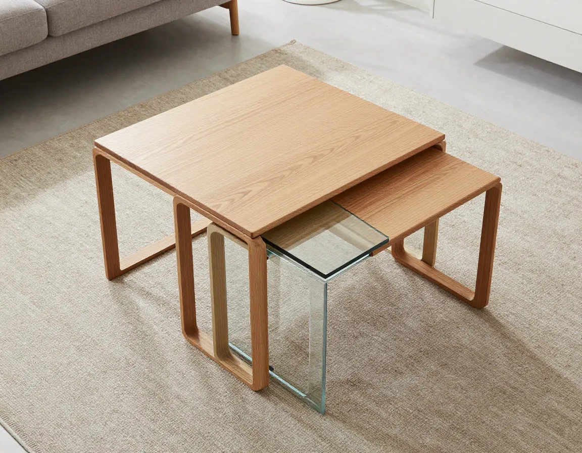 Modular nesting tables set wood and glass coordinating separate pieces