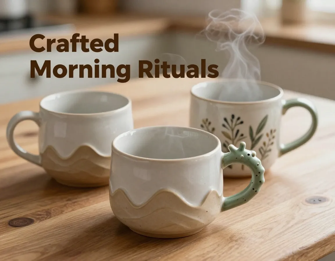 Handmade ceramic mugs textured handles botanical artisanal collection