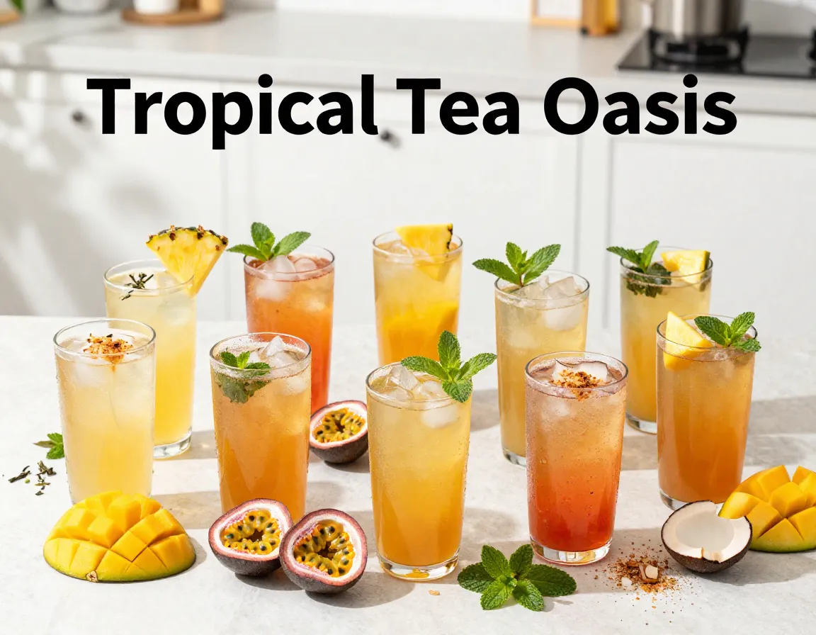 Nine tropical iced tea glasses with fresh fruit garnish