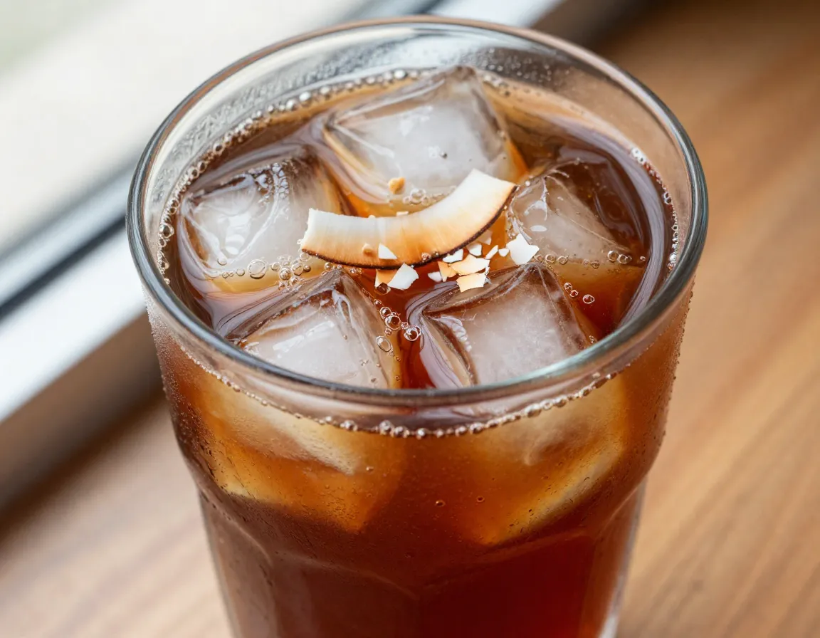 Classic black iced tea in tall glass with coconut ice cubes