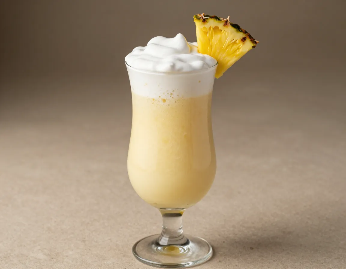 Creamy pineapple coconut whip tea with pineapple wedge garnish
