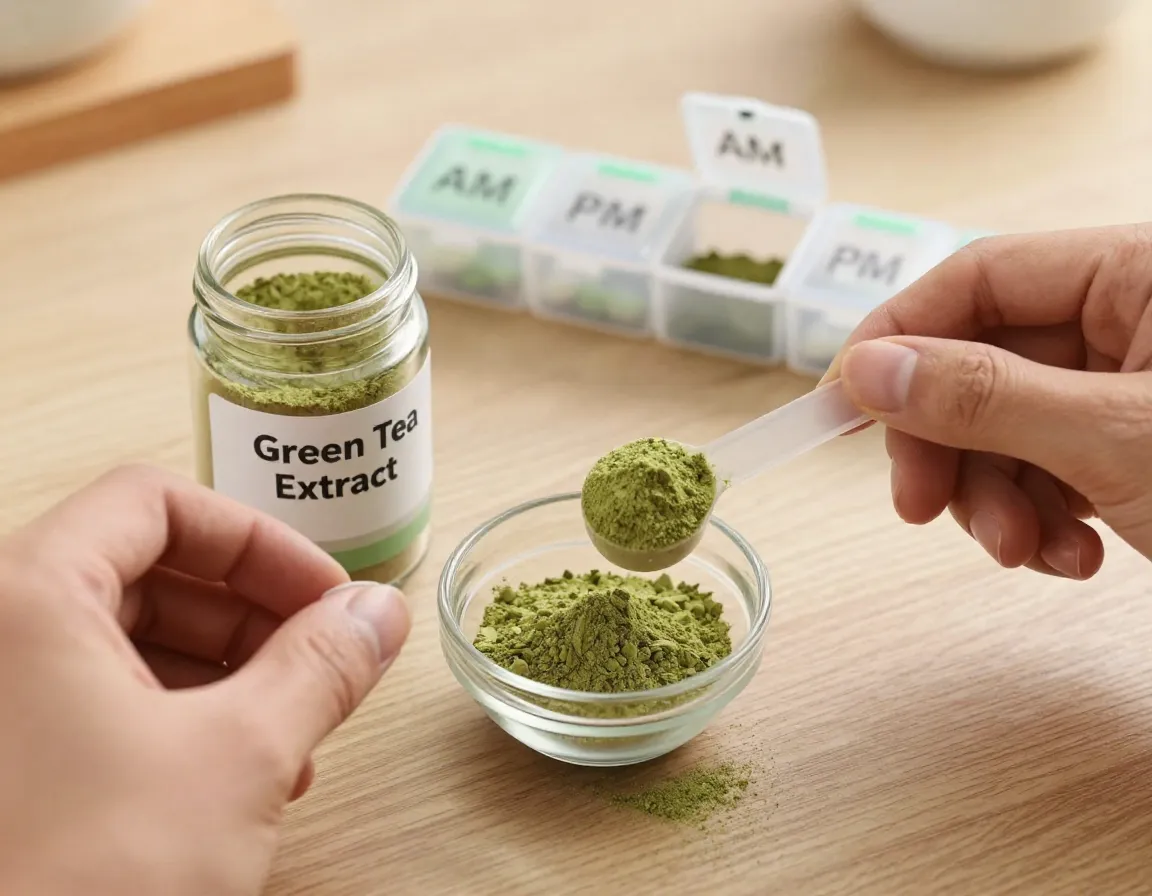 Person measuring green tea extract powder dosage with scoop