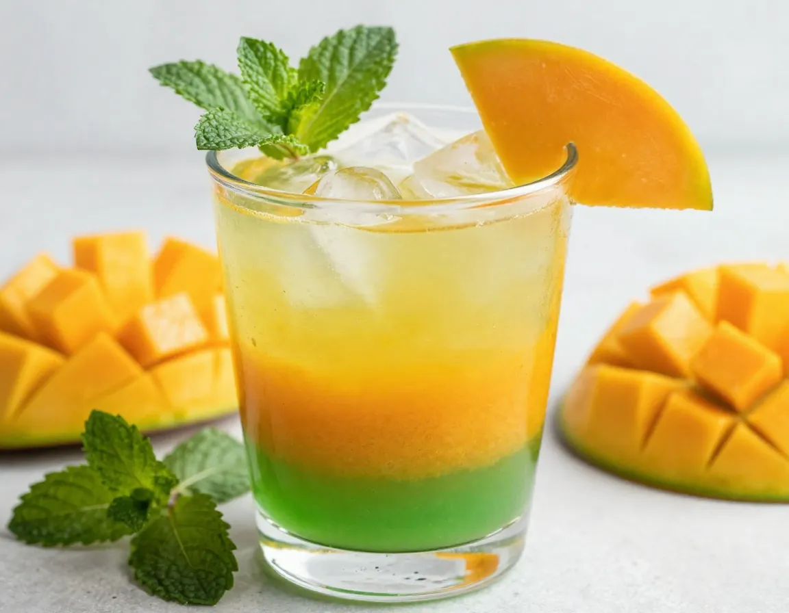 Vibrant mango coconut green tea fusion with mint and mango slice