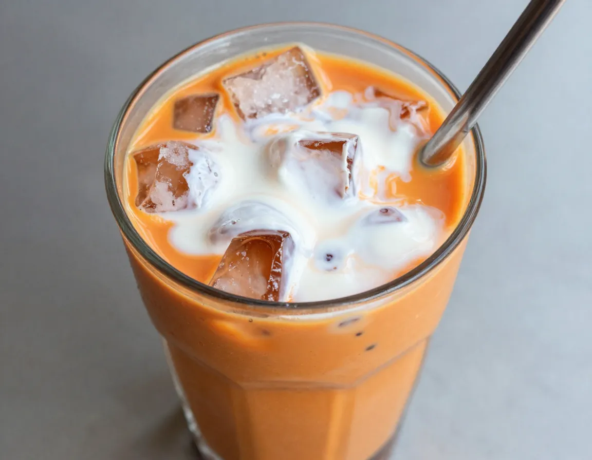 Authentic thai coconut iced tea with condensed milk and crushed ice