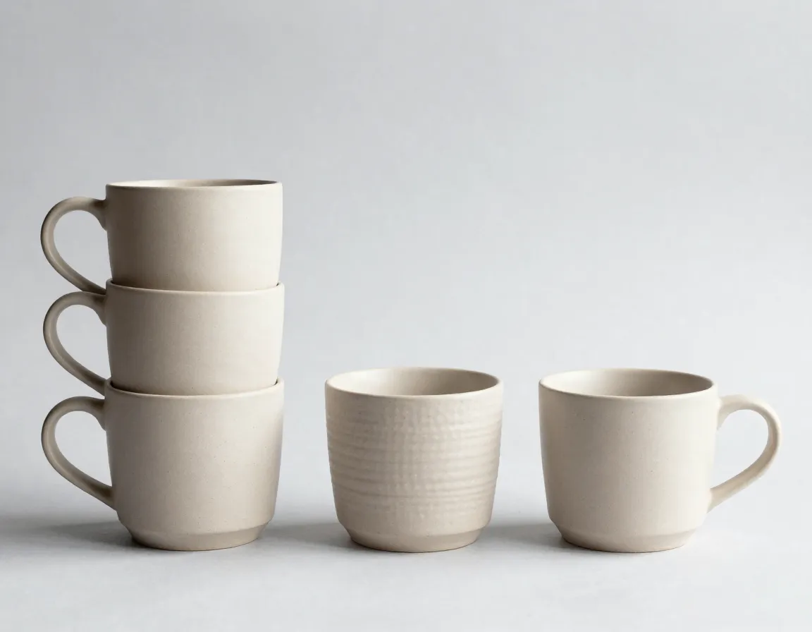 Stackable minimalist beige oatmeal textured mug set of three