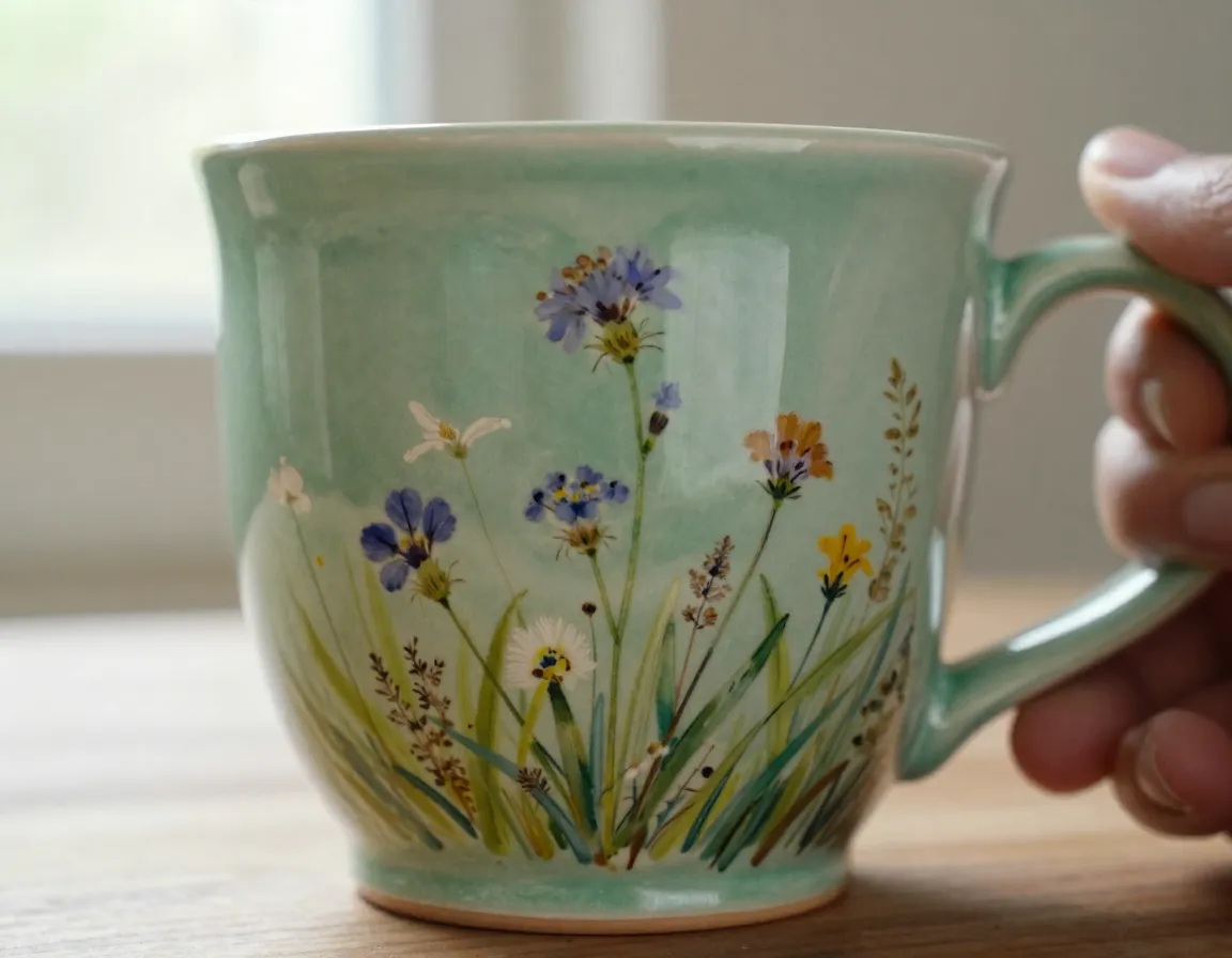 Hand painted botanical sage green wildflower impressionistic ceramic mug