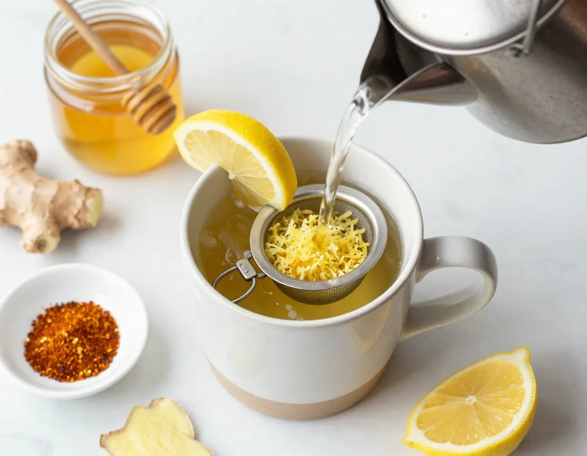 Grated ginger in cup with lemon honey and cayenne pepper