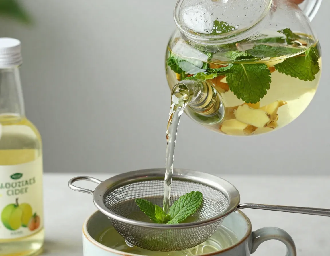 Ginger and mint leaves steeping in teapot with vinegar