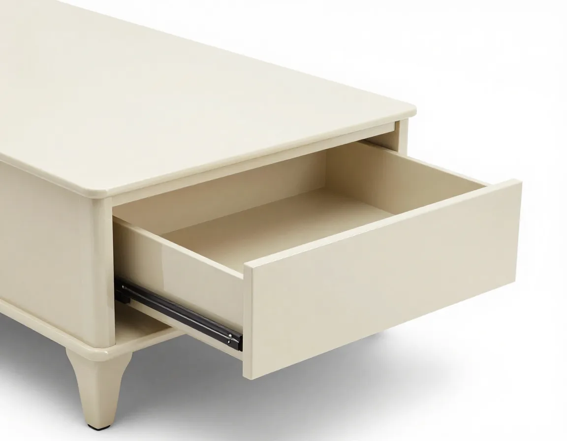 Cream lacquer coffee table with hidden storage drawer open