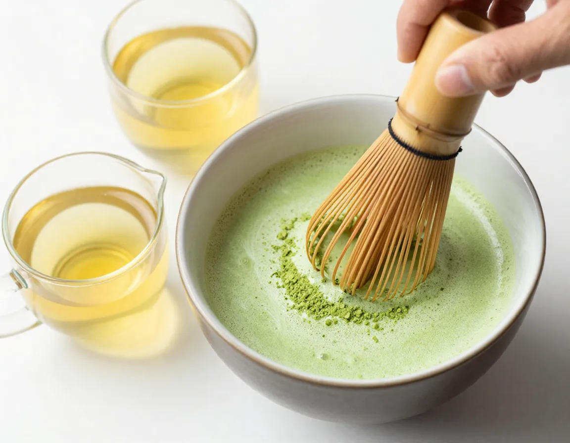Matcha powder whisked with ginger tea and milk froth