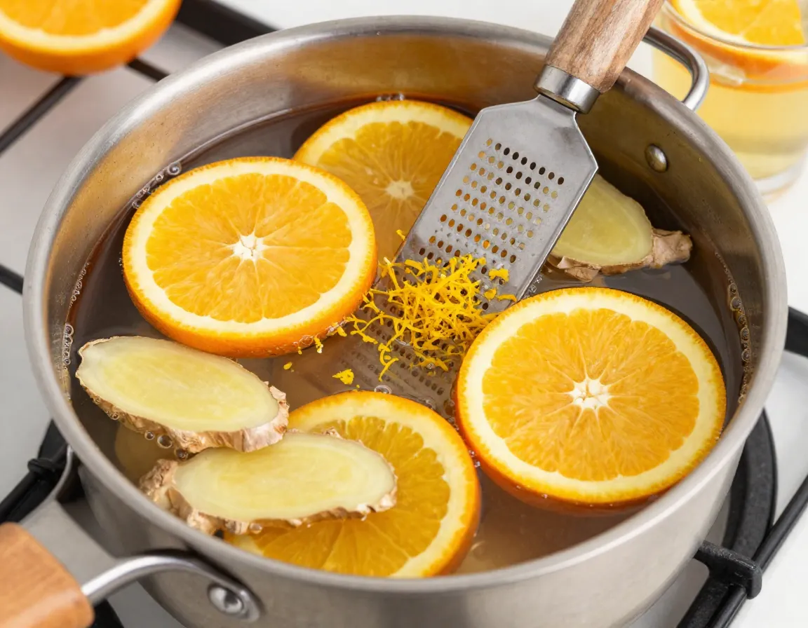 Orange slices and ginger sim mering in pot with citrus zest