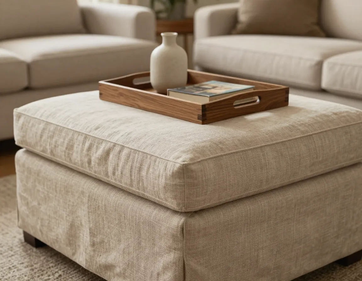 Upholstered ottoman coffee table in natural linen with tray