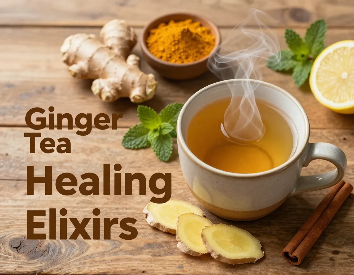 Ginger tea mug fresh root turmeric lemon mint flat lay