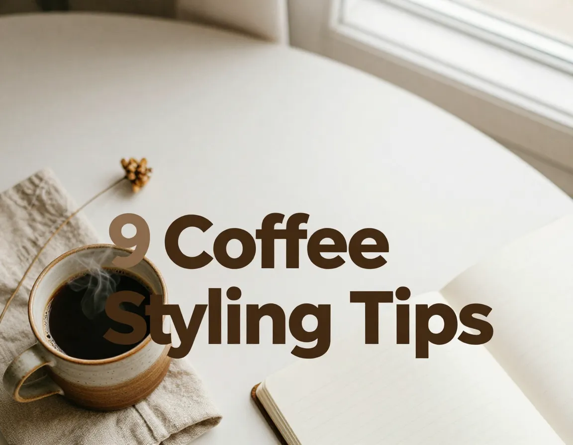 Styled black coffee mug flat lay earth tone props