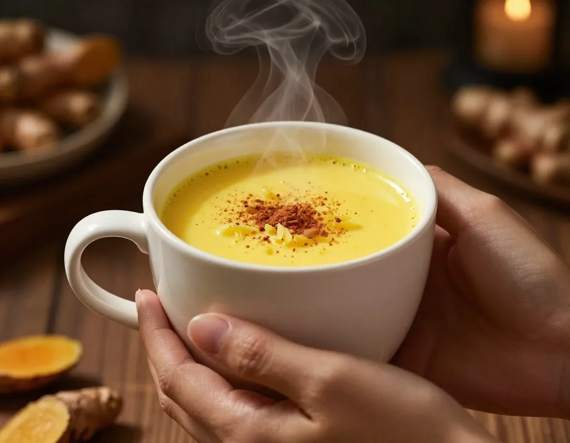 Creamy golden yellow turmeric ginger milk in a ceramic mug
