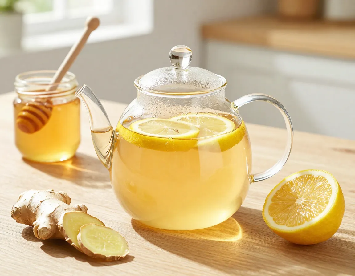Fresh ginger lemon tea with honey in a glass teapot