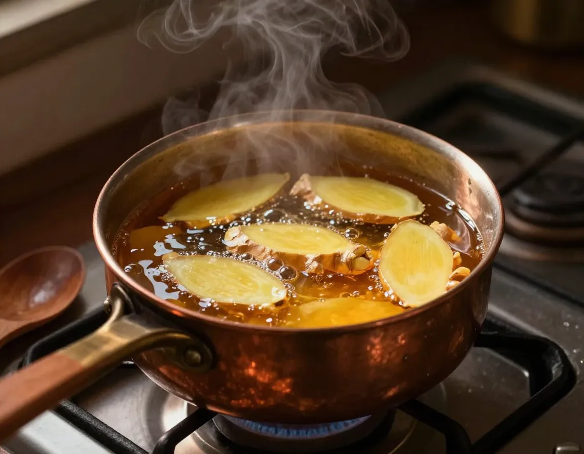Sliced fresh ginger root simmering in a small copper pot